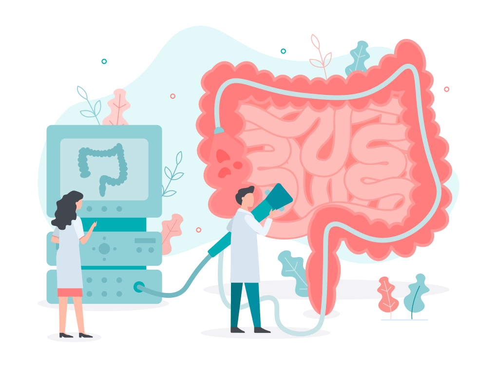 医師が大きなカメラスコープを持ち、腸の中をモニターに映し出しているイラスト。