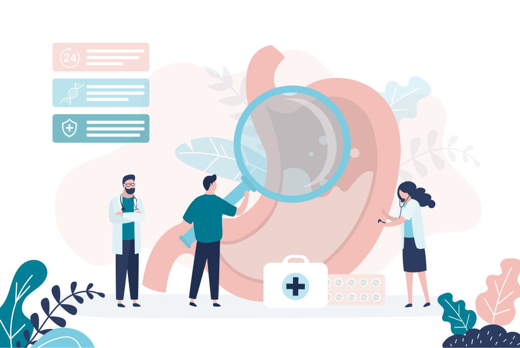 医師が虫眼鏡を持ち、胃の中を診察して分析しているイラスト。